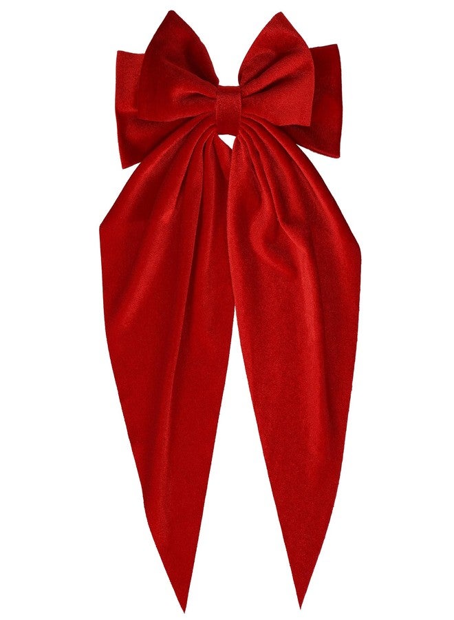 LSVOZ Bright Red Velvet Large Hair Bow Long Tail Bowknot Hair Barrette Clip 8.26 Inch Women Girls Fall Winter Ponytail Holder Hair Accessories - Image 1